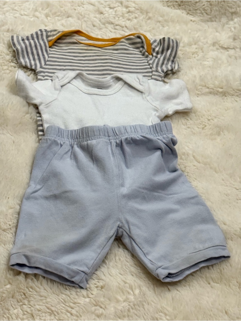 Carter's Striped Gray & White Bodysuits with Light Blue Shorts